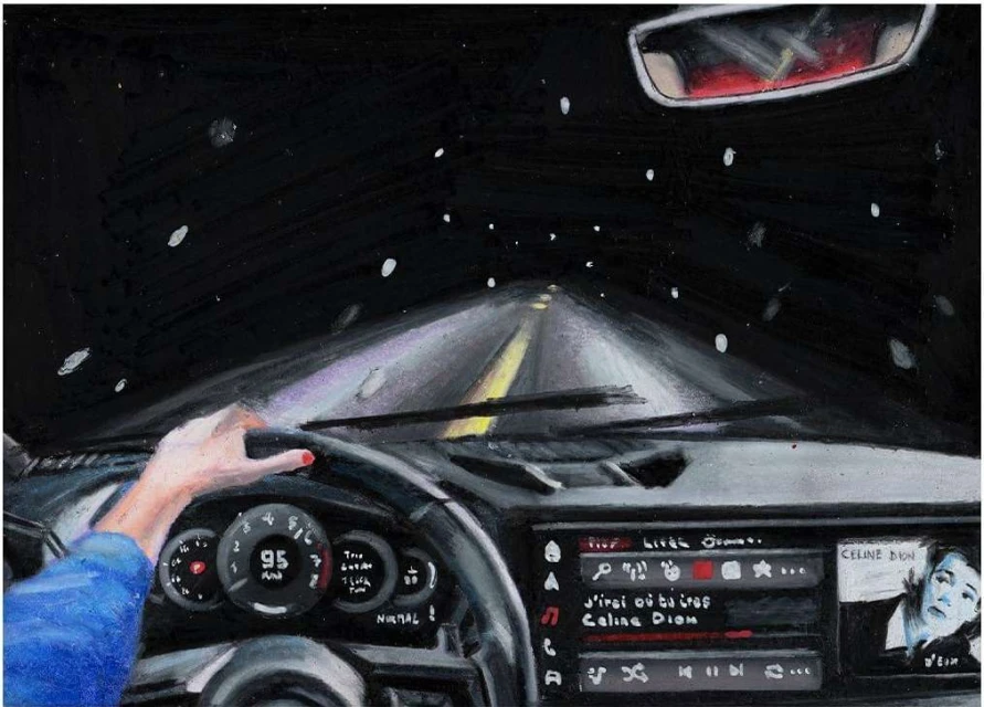 Illustration inside a car at night, showing the dashboard, steering wheel, and road ahead with snowflakes; artwork by painting.