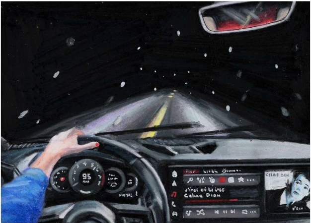 Illustration inside a car at night, showing the dashboard, steering wheel, and road ahead with snowflakes; artwork by painting.