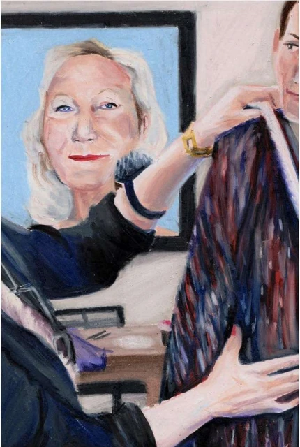Artwork depicting a blonde woman fitting a multicolor striped garment on a person, with a mirrored reflection of the tailor in the background.