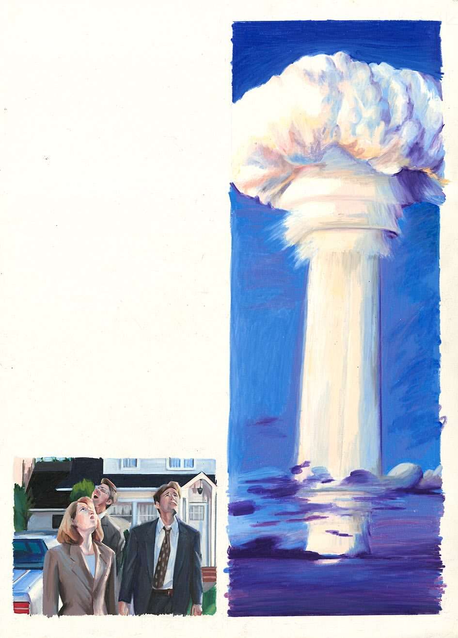 Illustration of three people looking up at a mushroom cloud over the ocean near a suburban home on a clear day, painted style.