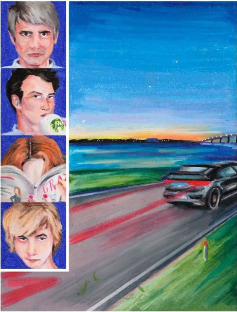 Painted artwork shows a collage of four people's faces next to an outdoor road scene with a black car and bridge in the background.