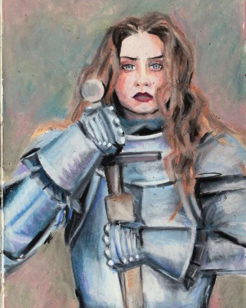 Illustration of a woman in shining armour holding a sword, artistic pastel artwork with long brown hair and a stern expression.