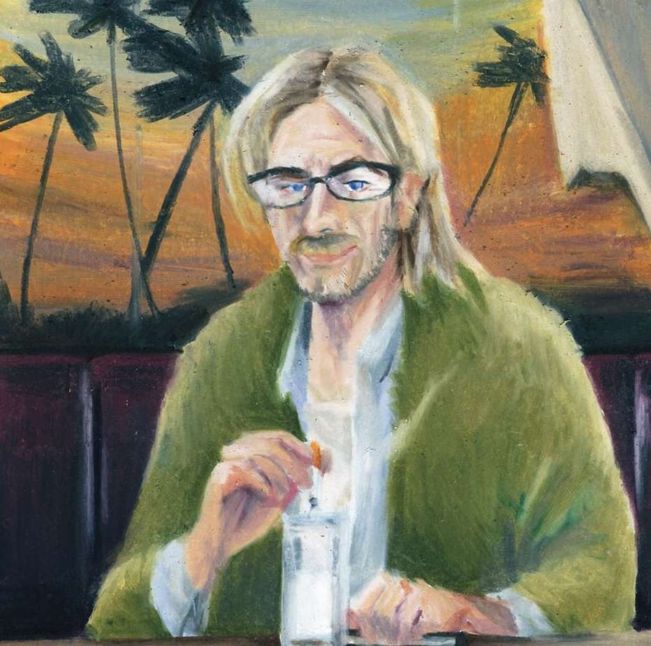 Painting of a man with glasses, wearing a green sweater, sitting at a table with a glass of water, with a palm tree background.