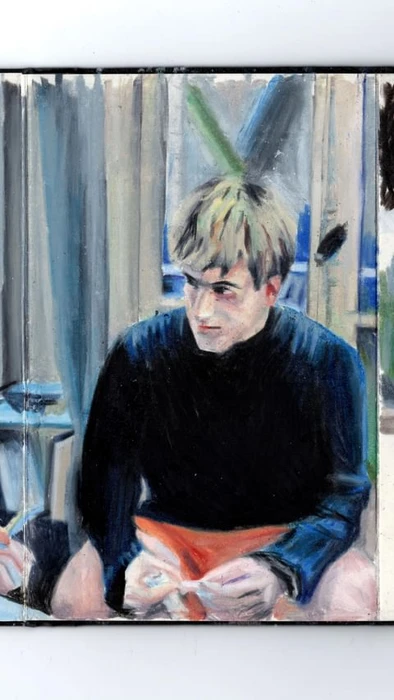 Oil painting portrait of a young man wearing a dark blue sweater indoors by illustrator Jules Magistry.