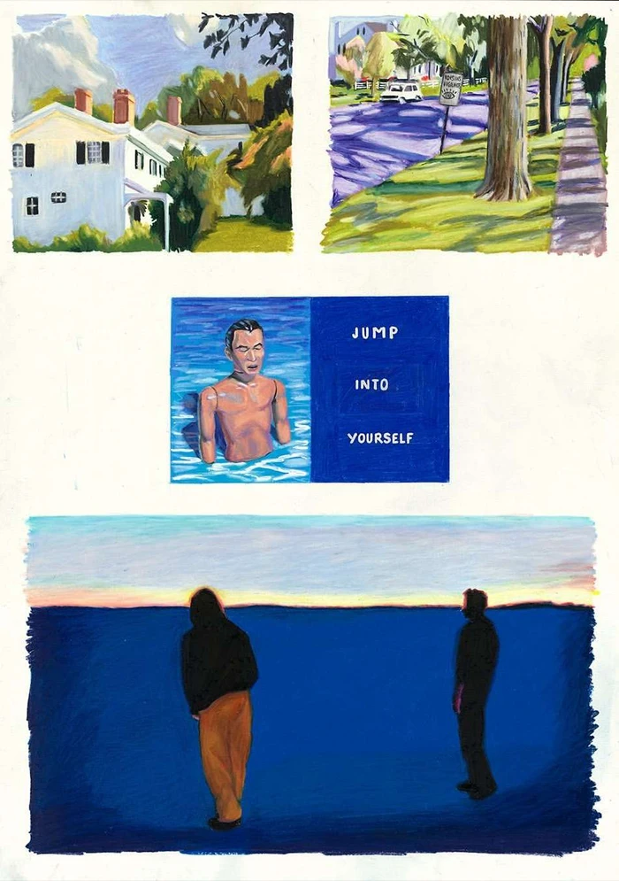Comic-style illustration layout by Jules Magistry featuring multiple panels including a house, a suburban street, a pool figure, and figures overlooking water