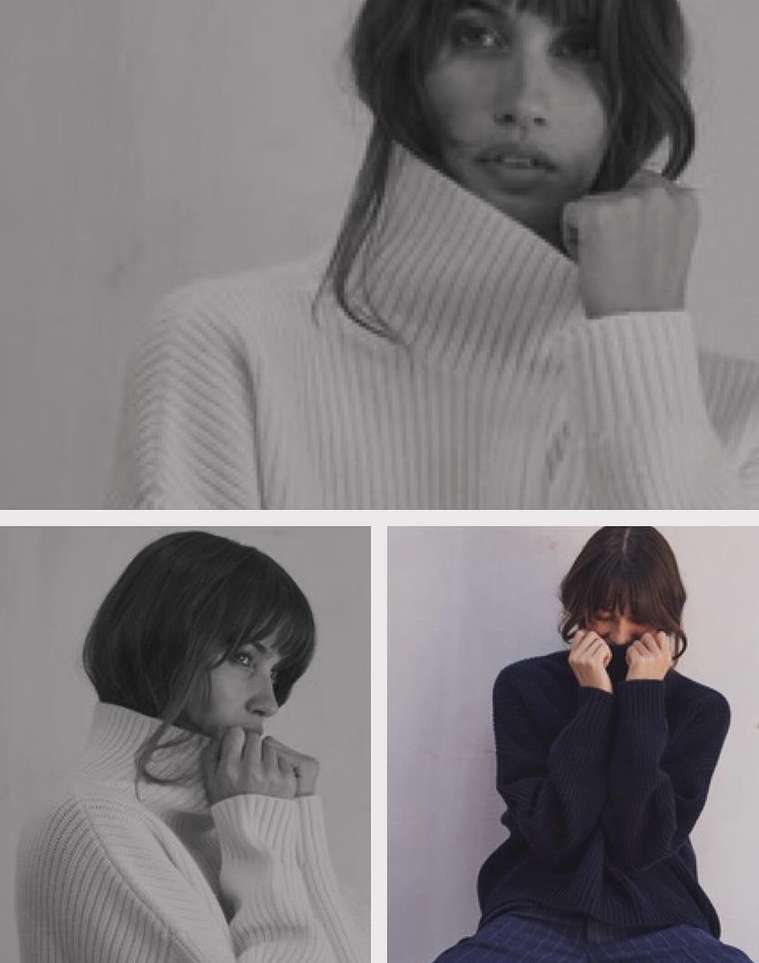 Monochrome fashion shot of a woman in a white turtleneck sweater, with two smaller panels showing her in similar poses and sweaters.