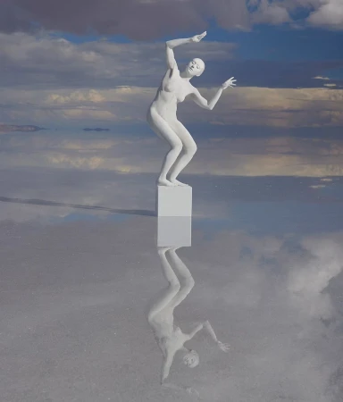 Abstract surreal image of a female figure standing on a cube, mirrored in a shallow body of water under a cloudy sky. 