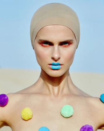 Close-up of a woman with a head covering, bright blue lipstick, and colorful pom poms attached to her shoulders against a desert background.