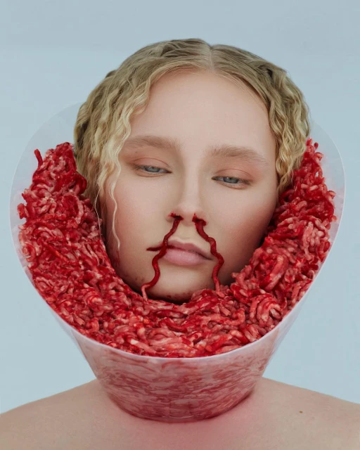 Close-up of a woman's face framed by ground meat in a clear plastic funnel, resembling a medical cone, against a light blue backdrop.