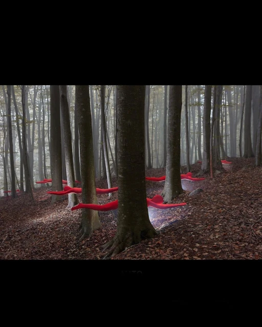 Abstract landscape art with red-clothed human figures draped horizontally in trees in a misty forest with leafy forest floor, daytime.