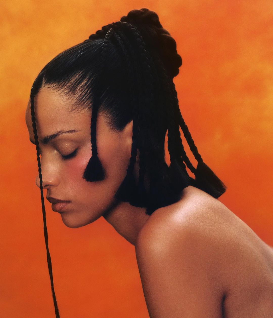 Profile portrait of a woman with braided updo hairstyle against a vibrant orange textured backdrop photographed by Julia Grandperret