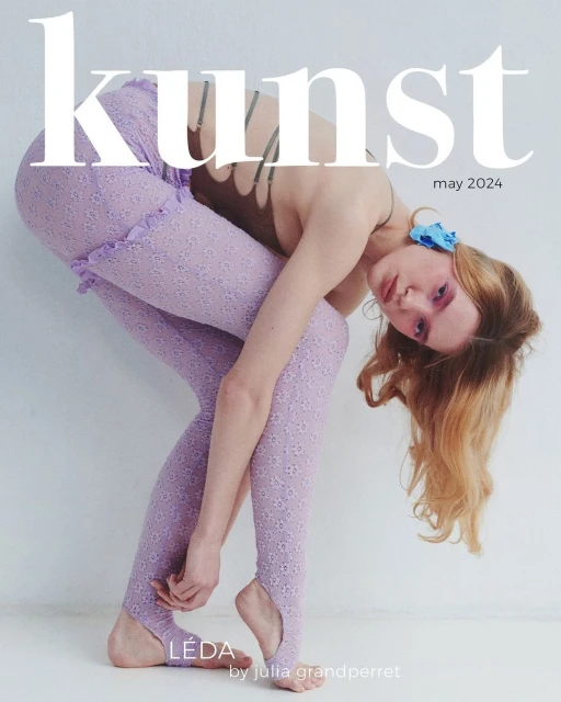 Fashion editorial featuring a woman in lilac lace leggings and a brown top, posing against a white background, with 'Kunst May 2024' text overlay.