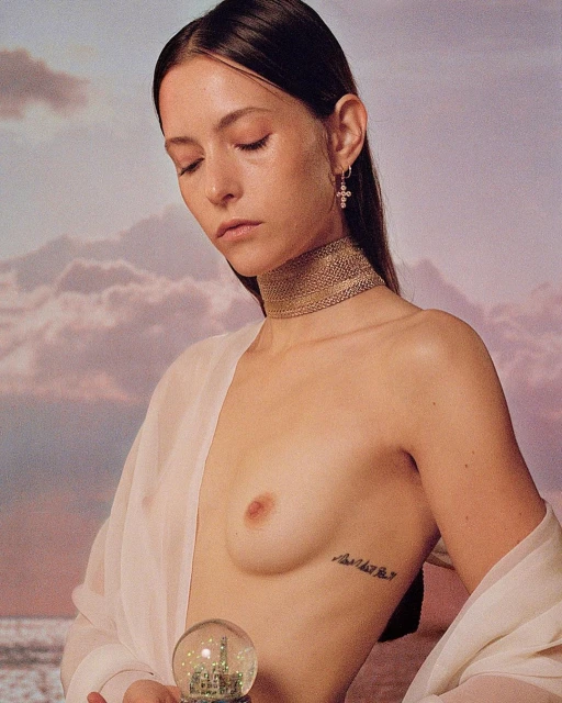 Woman poses topless with a sheer white wrap, wearing a gold collar, holding a snow globe against a pink cloudy background.