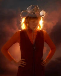 Woman wearing a tiara-adorned cowboy hat and orange top photographed against a dramatic sunset sky by Julia Grandperret