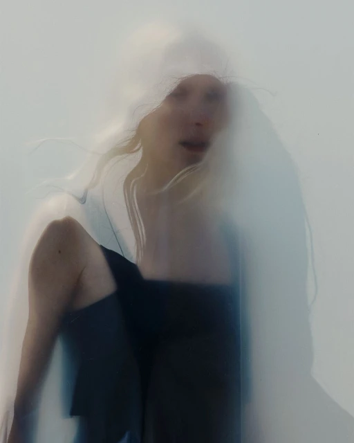 Woman in a black dress behind a semi-transparent white veil, portrait shot, studio lighting.