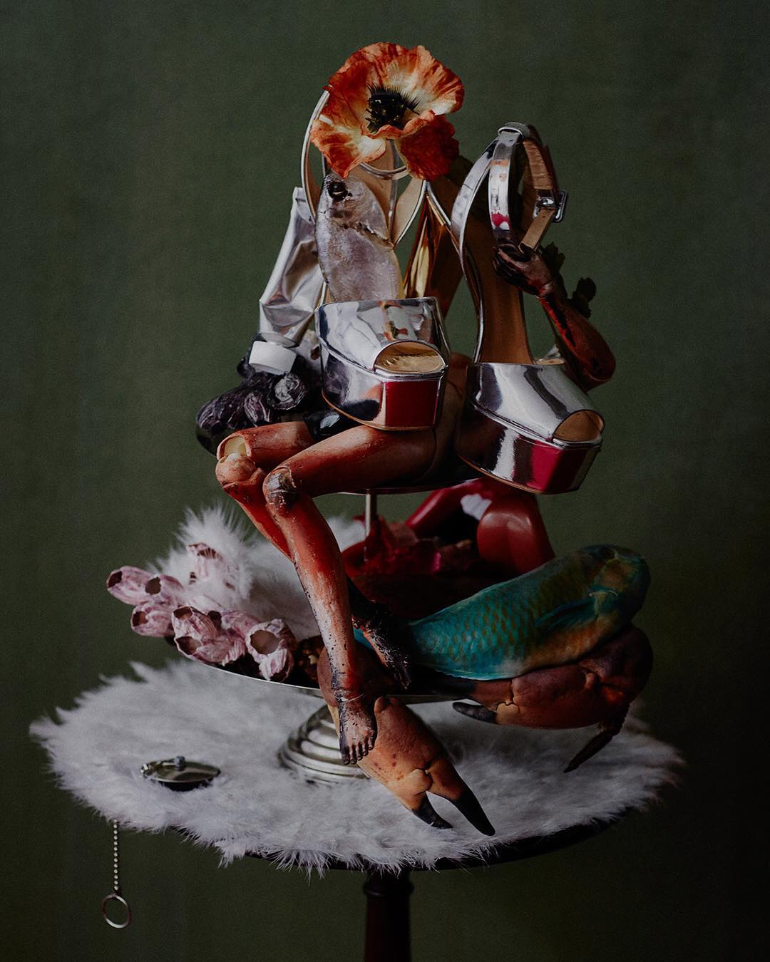 Abstract still life composition features crab legs, high heels, flower, and silver serving tray against a muted green backdrop in studio lighting.