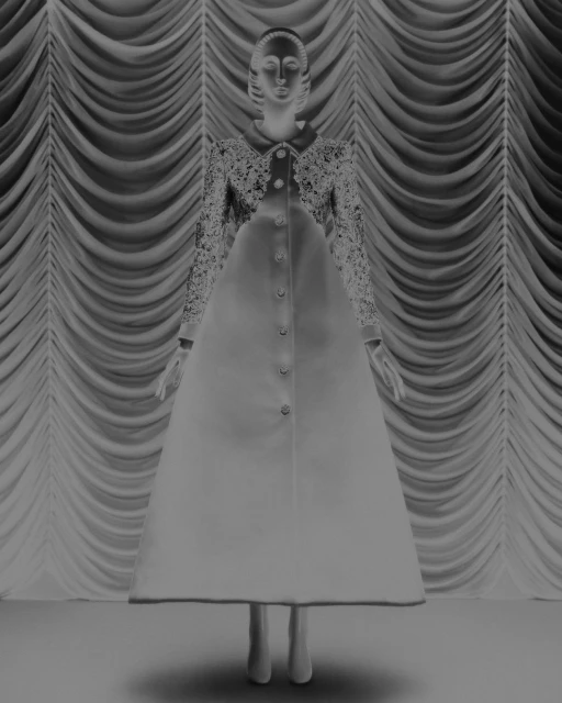 Elegant mannequin wearing a formal dress with lace sleeves, standing against a backdrop of draped fabric in a studio setting.