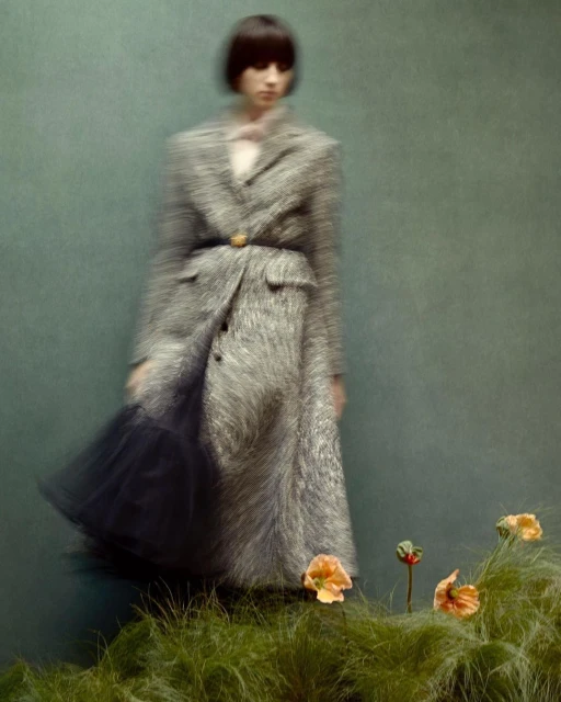 An adult female with short dark hair wearing a patterned gray coat and a black skirt posing in front of a green backdrop with flowers.