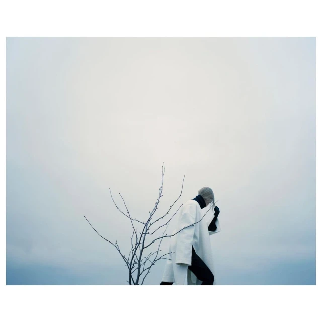 Person wearing a white coat with black accents standing near a bare tree against an overcast sky, creating a minimalist and eerie composition.