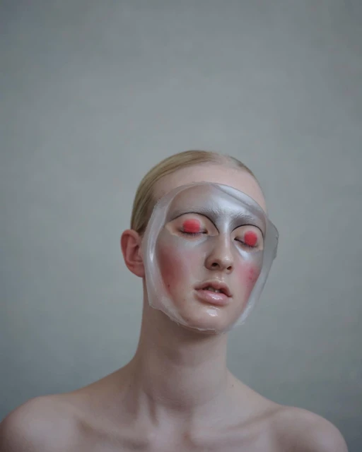 Close-up of a fair-skinned person with a clear face mask, red eye makeup, and neutral expression against a light gray background.