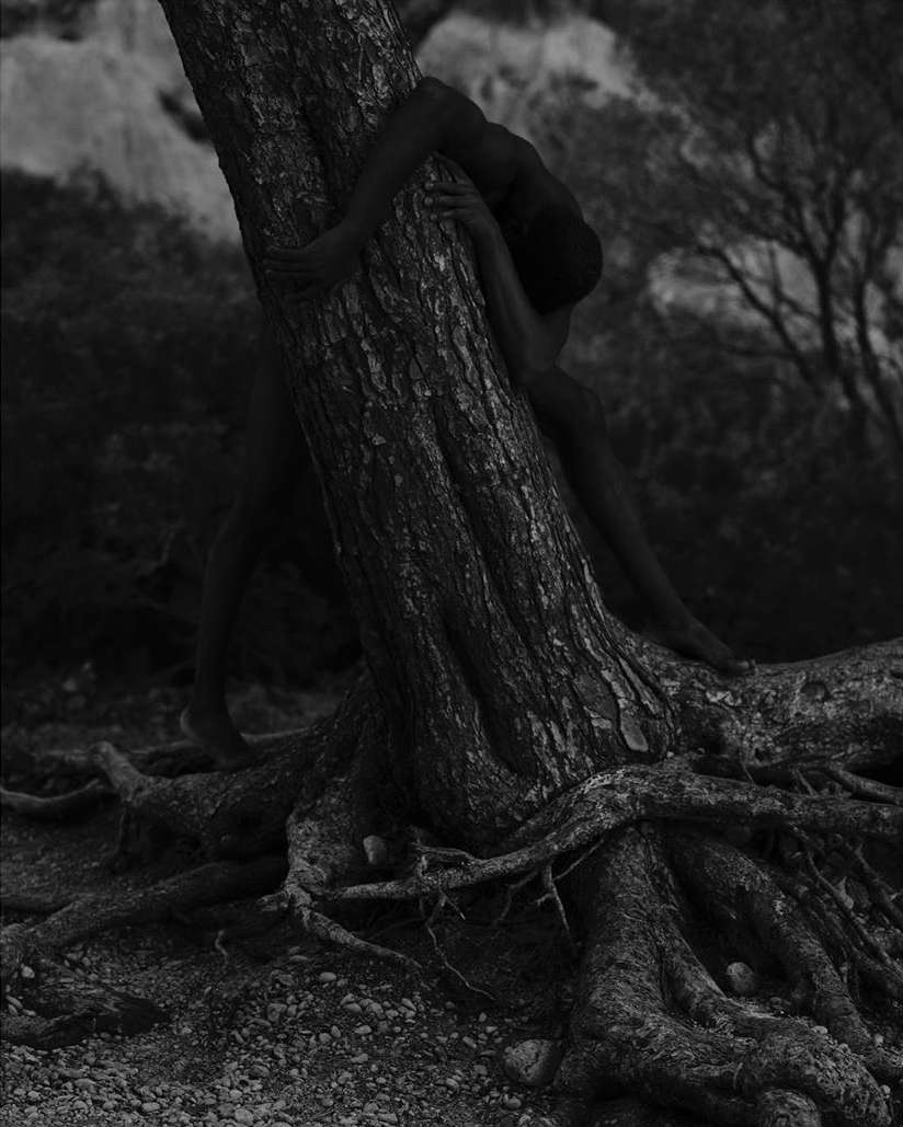 Monochromatic image features an adult leaning against a thick tree with exposed roots, set in a shadowy outdoor wooded environment.