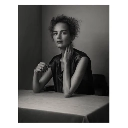 Portrait of a woman with curly hair seated at a table wearing a dark sleeveless top by photographer Julia Hetta