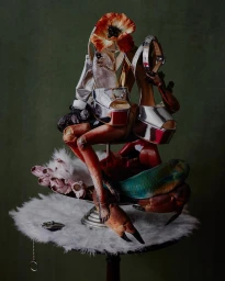 Surreal still life sculpture of silver platform heels, crab legs, a fish, and a red poppy on a table.