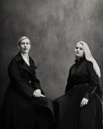 Two women posing in black coats against a textured grey studio background in a monochrome portrait photograph by Julia Hetta.