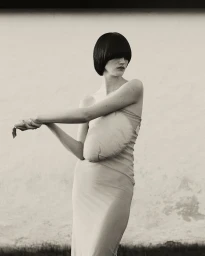 Model with blunt dark bob hairstyle wearing a strapless gown with a padded front panel photographed by Julia Hetta