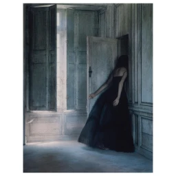 Woman in a long black dress opening a wooden door in an atmospheric room with paneled walls by Julia Hetta