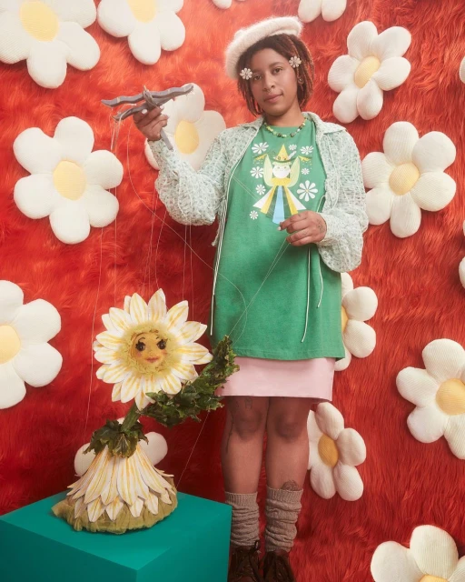 Young adult woman in a green dress with an illustrated figure, light green cardigan and beret, stands in front of a red flower wall.