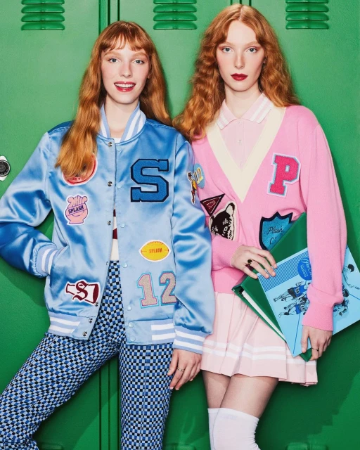 Two red-haired women in retro letterman jackets and preppy outfits pose in front of a green locker-lined wall for a fashion editorial.