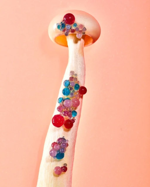 Artistic mushroom stem decorated with colorful beads, creating a whimsical and textured botanical display against a peach backdrop.