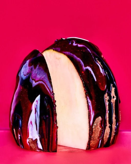 Still life close-up of a halved apple with a dark, shiny glaze against a gradient pink background, suitable for food-related content.