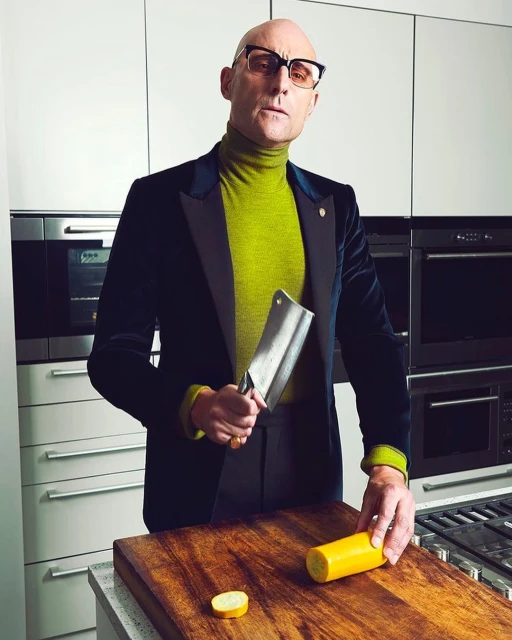 Stylish man in kitchen cuts squash on wooden board with cleaver. He wears glasses, turtleneck, blazer. Modern kitchen setting.