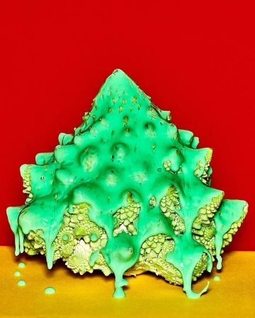 Abstract food photography featuring a Romanesco broccoli, styled as a Christmas tree, covered with dripping green sauce, set against a split red and yellow background.