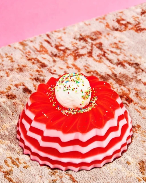 Close-up of a festive jello dessert with red and white stripes, topped with a scoop of white cream and sprinkles, on a patterned surface.
