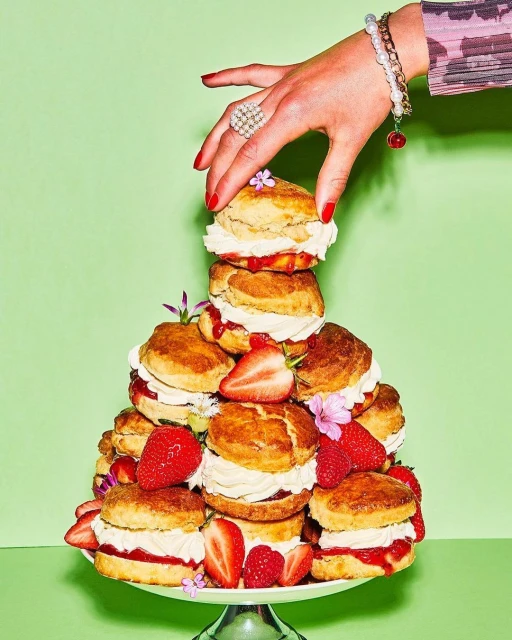 A woman's hand places the final scone on a tiered stack of scones, whipped cream, strawberries, and flowers against green backdrop.