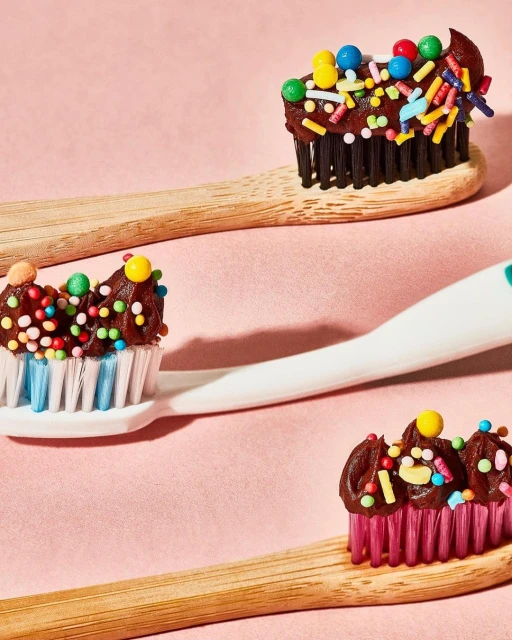 Three toothbrushes are adorned with chocolate frosting and sprinkles, creating a playful and whimsical juxtaposition against a pink backdrop.