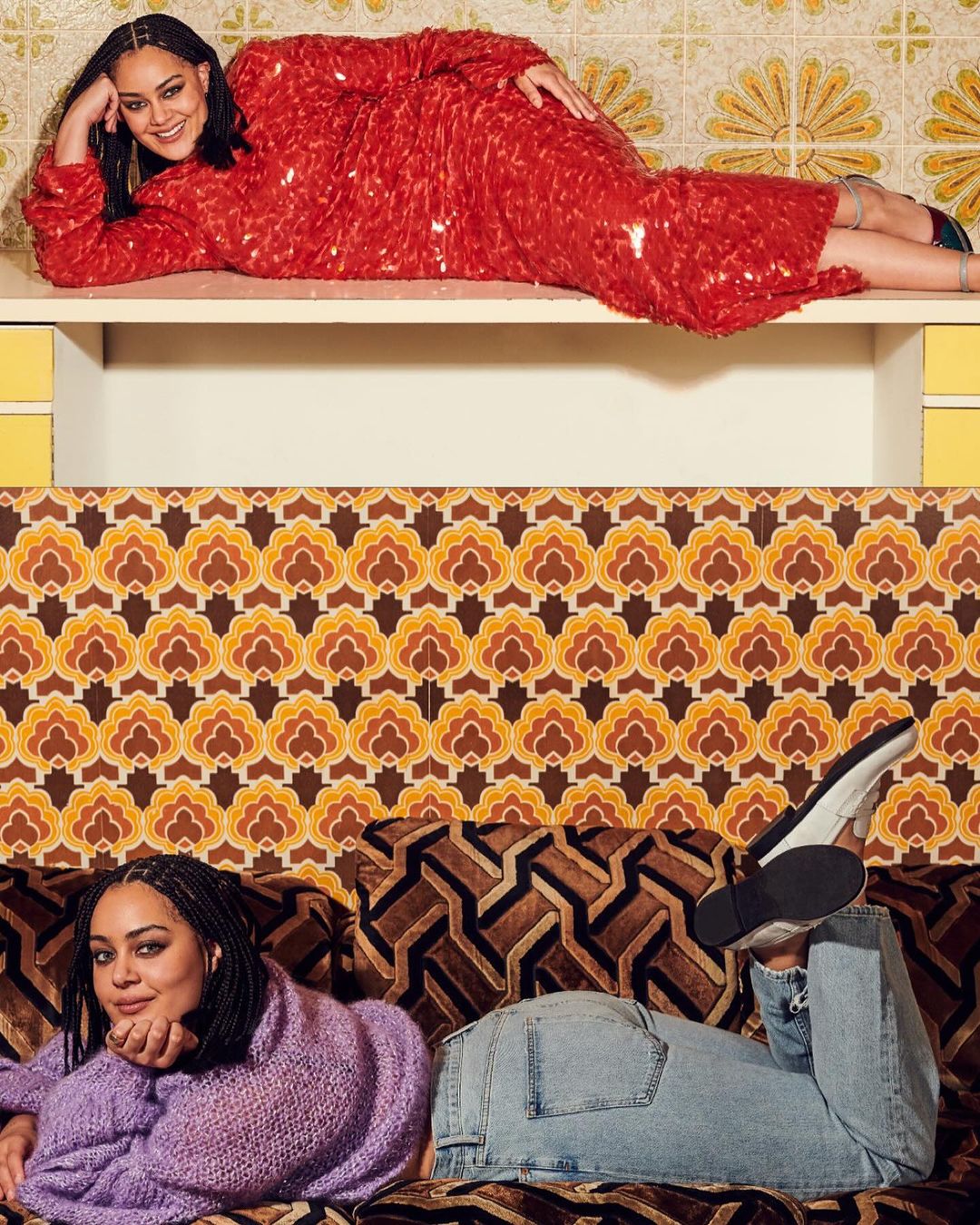 Two women pose in a split-level indoor fashion shot. One woman wears a red sequin dress, the other a purple sweater and jeans.