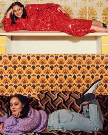 Two women pose in a split-level indoor fashion shot. One woman wears a red sequin dress, the other a purple sweater and jeans.