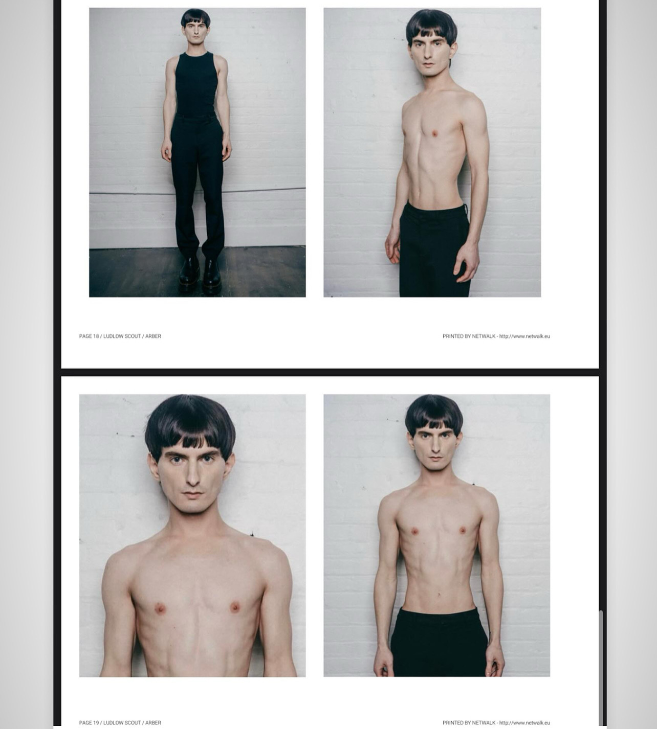 Fashion editorial featuring a slim young adult male model in various poses and minimal clothing, set against a plain indoor backdrop.