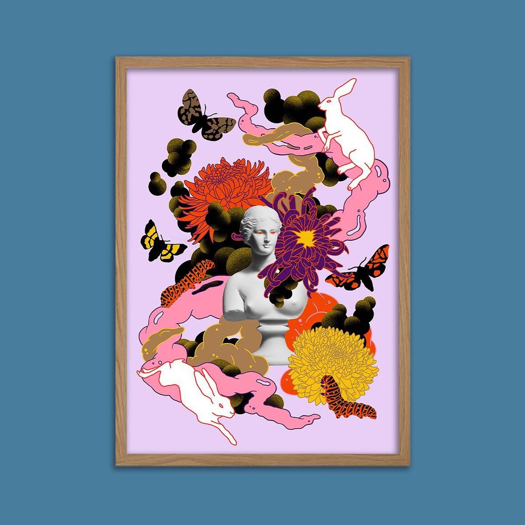 Artistic framed print features a white bust sculpture, orange and purple flowers, butterflies, and rabbits on a light purple background.