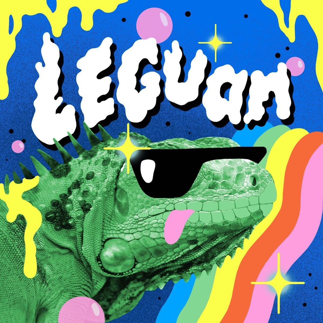 Funky graphic illustration with an iguana wearing sunglasses, bright colors, and bold text on a textured blue background.