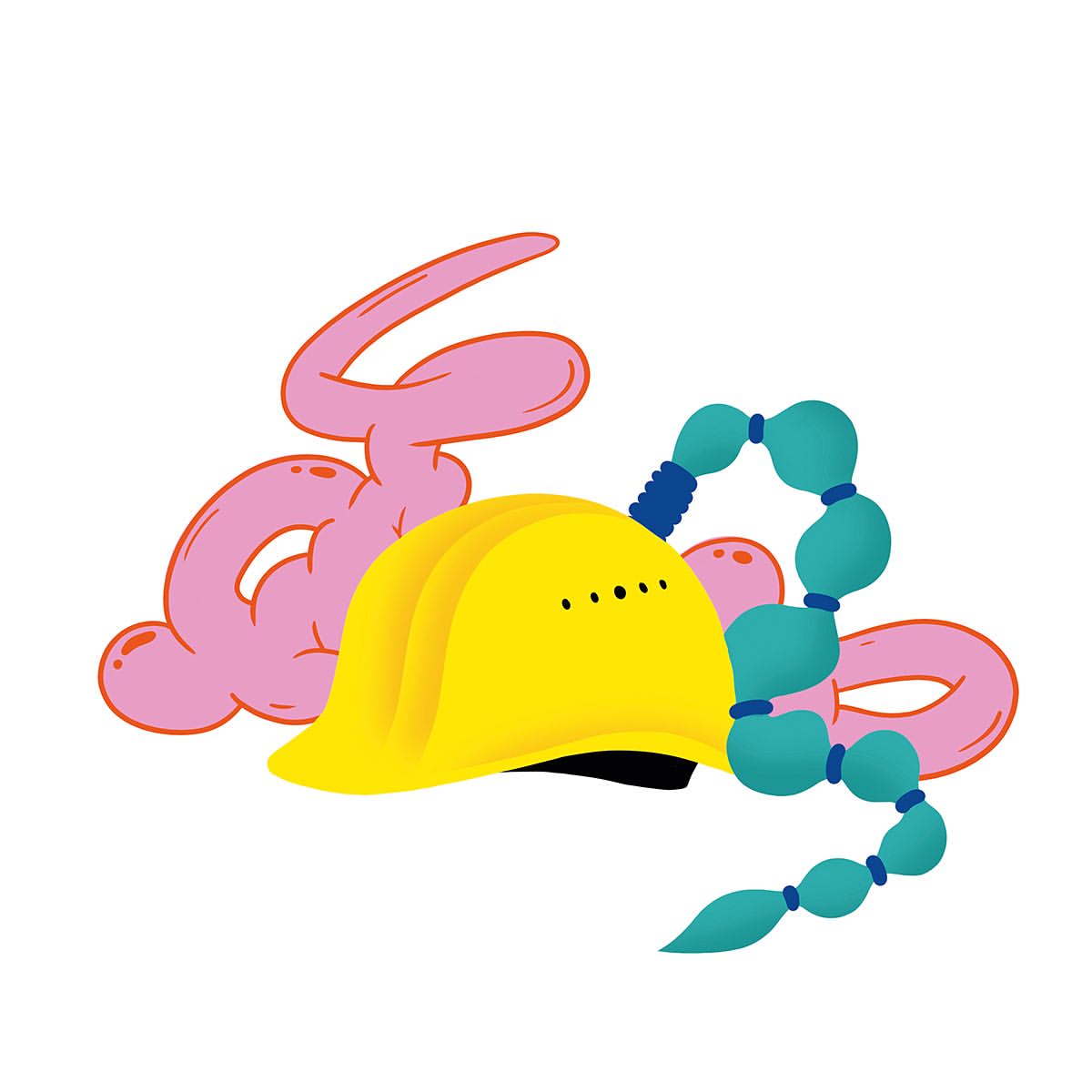Illustration of a yellow construction hat with an abstract pink shape and blue beaded cord in a flat, vector art style.