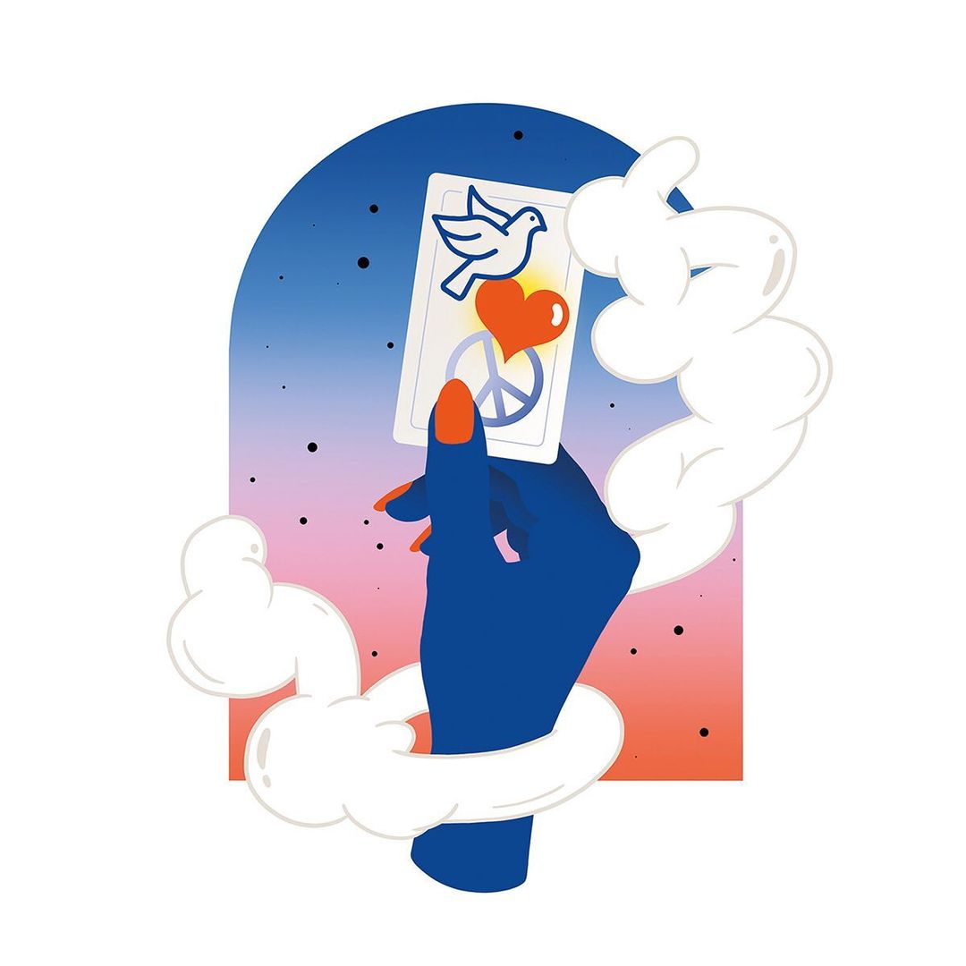 Illustration of a hand holding a card with a dove, heart, and peace sign on a dreamy background with cloud-like shapes around the hand.
