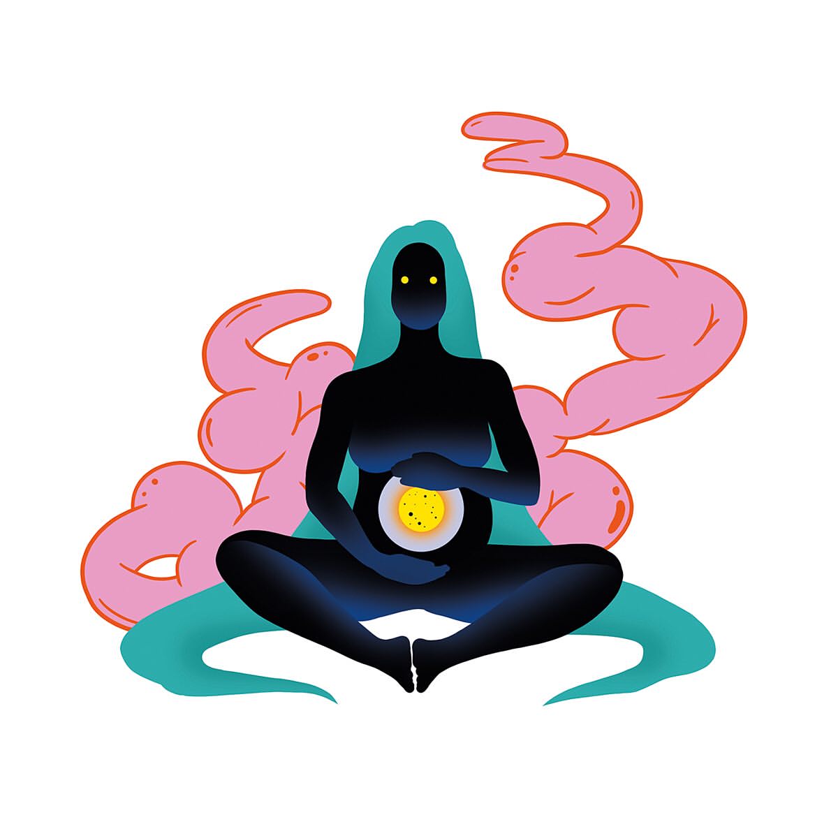 Illustration of a black silhouette of a pregnant woman in a cross-legged pose with glowing circle, set against swirling pink clouds.