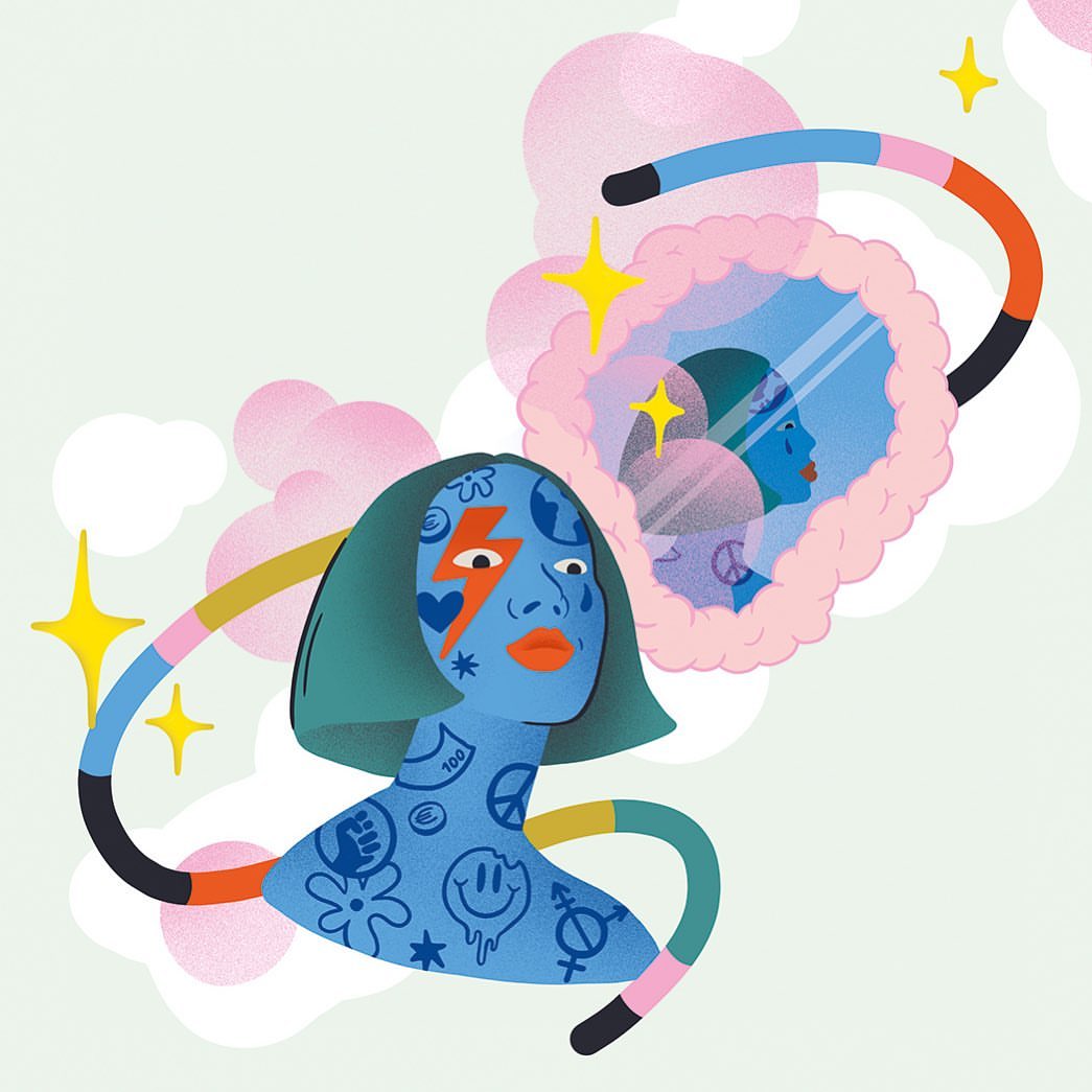 Illustration of a stylized blue-skinned woman with tattoos looking at her reflection in a cloud-framed mirror with stars.