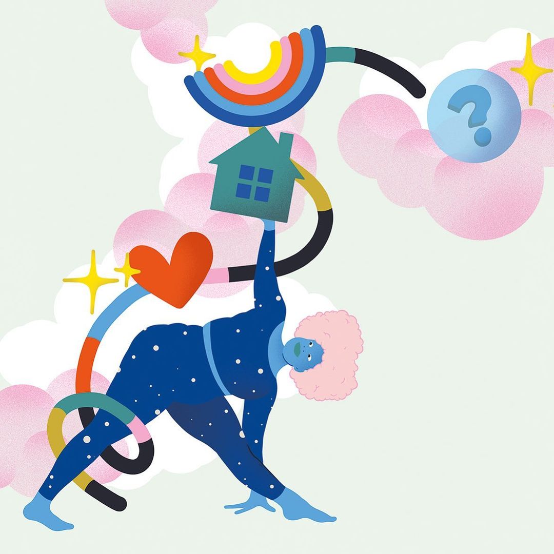 Illustration of a woman in a yoga pose holding a house, surrounded by a rainbow, heart, question mark, and stars against a light background.