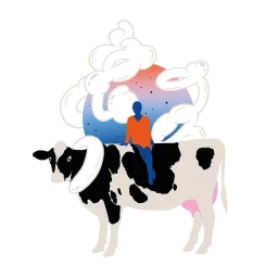 Digital illustration by Julia Praschma of a person riding a black and white cow against a circular gradient backdrop with white clouds.